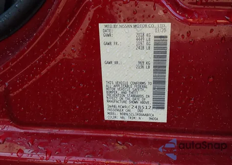 2020 Nissan Altima Sr Intelligent Awd из США, поврежденный, VIN 1N4BL4CW4LC248512